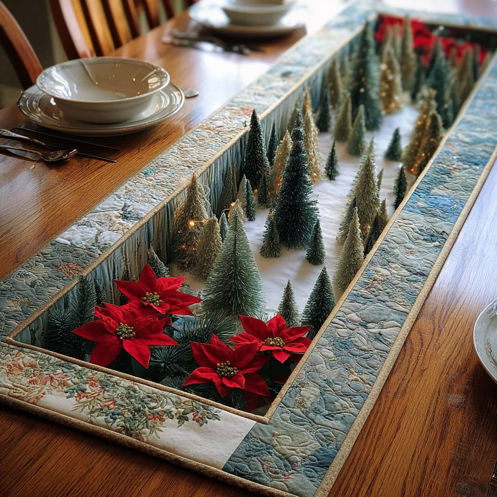 Christmas Tree Poinsettia Quilted Table Runner NCU0HNH741