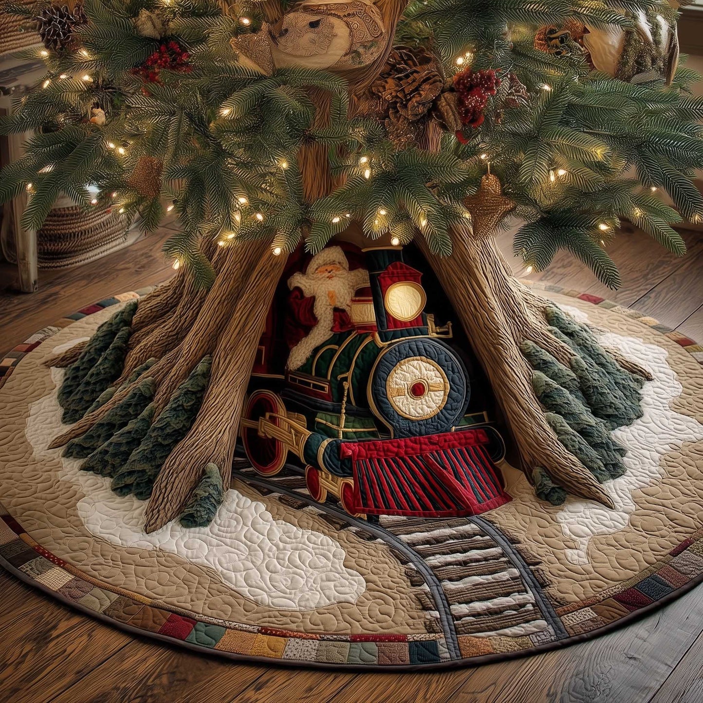 Classic Red Steam Engine Christmas Quilted Tree Skirt NCU0HTT058
