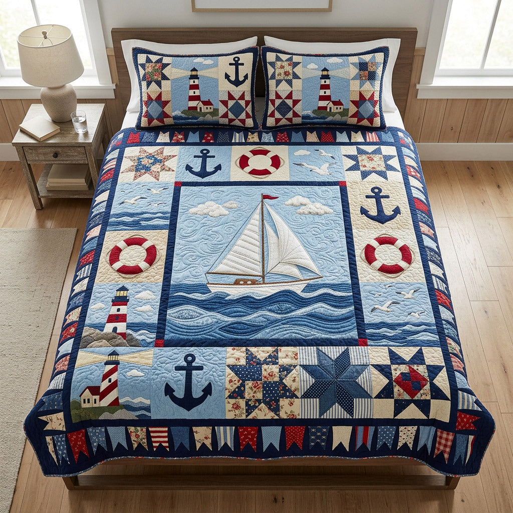 Coastal Lighthouse Bloom 3-Piece Quilted Bedding Set NCU0HNH1141