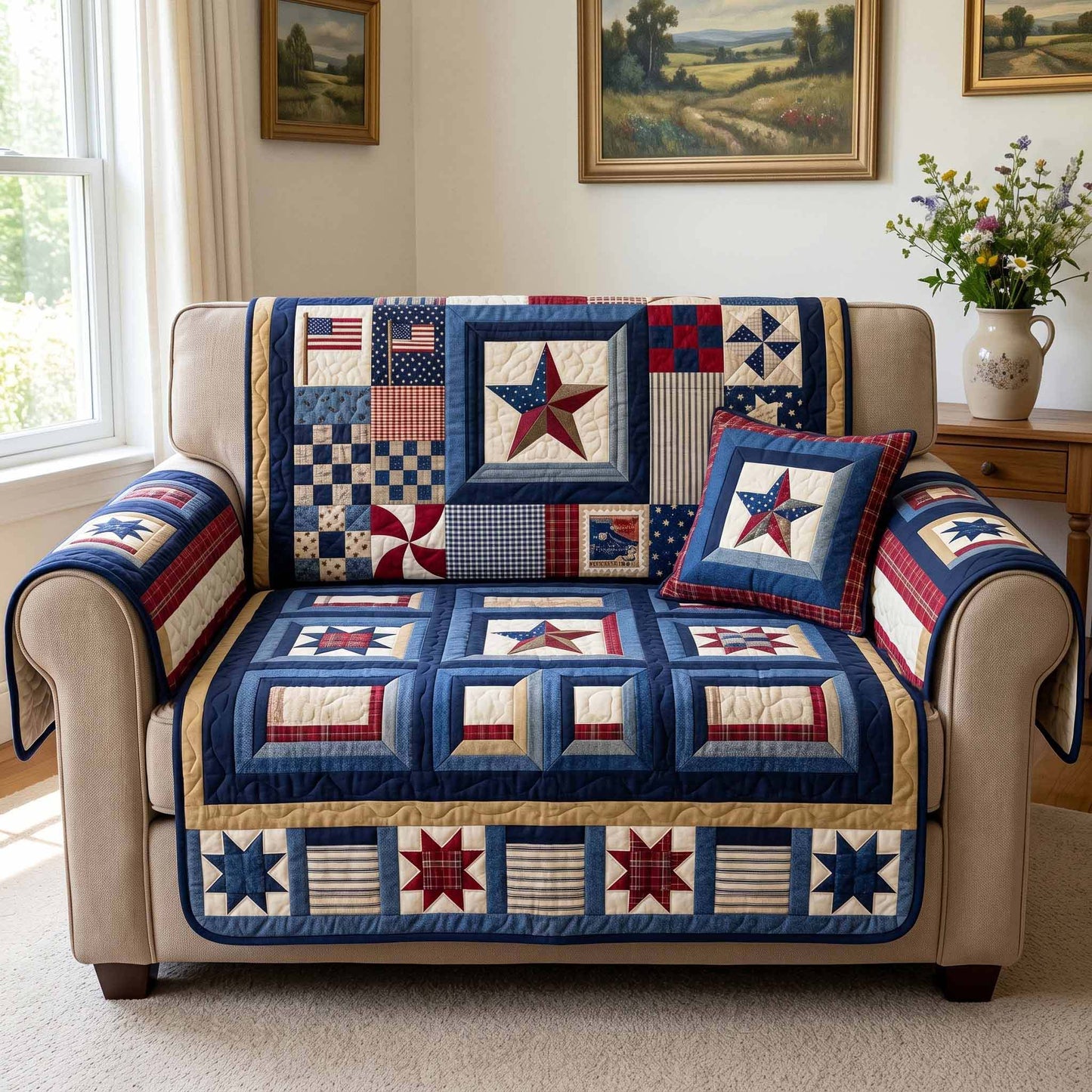 Colonial Blocks Quilted Sofa Cover NCU0NXD1894