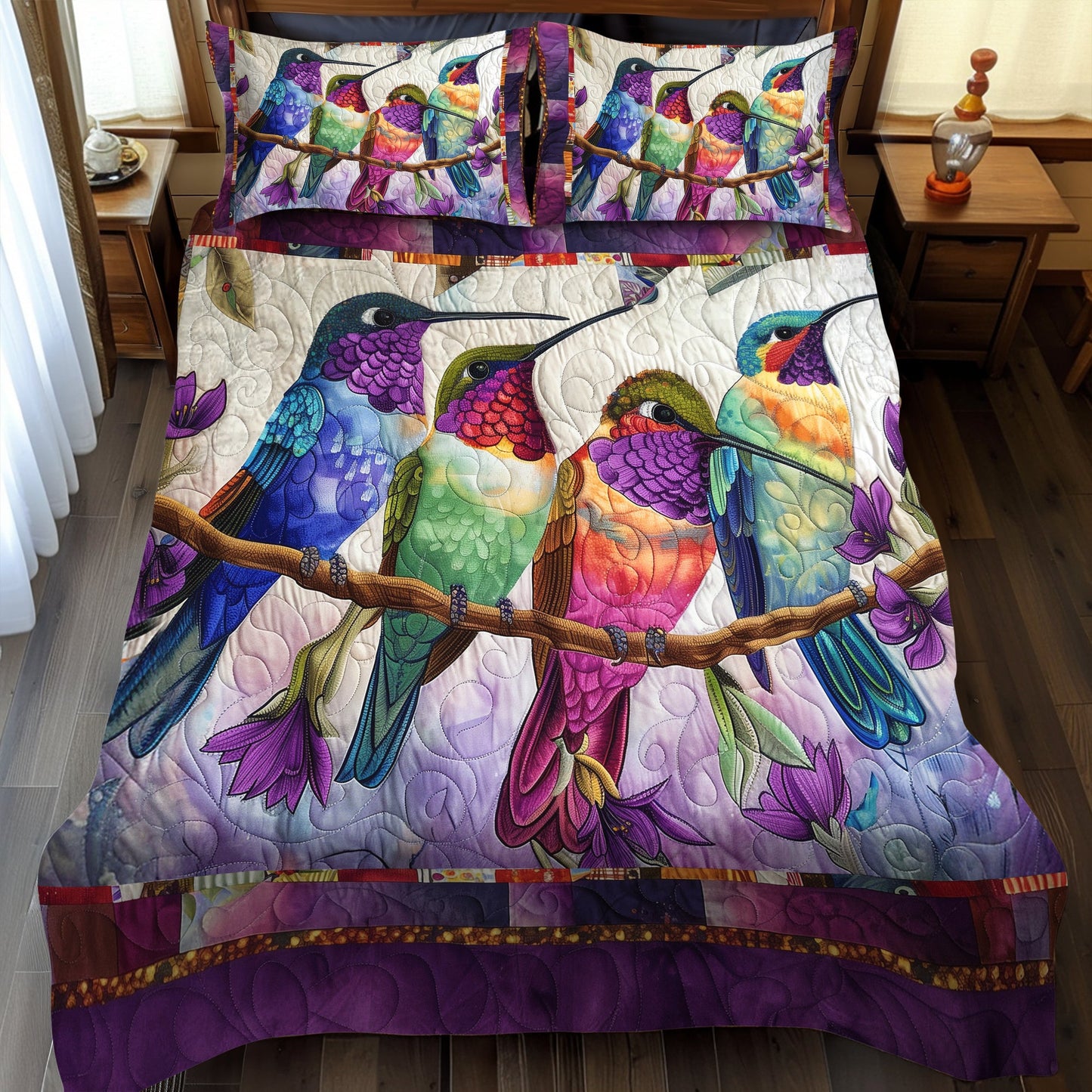 Colorful Hummingbirds 3-Piece Quilted Bedding Set NCU0TH915