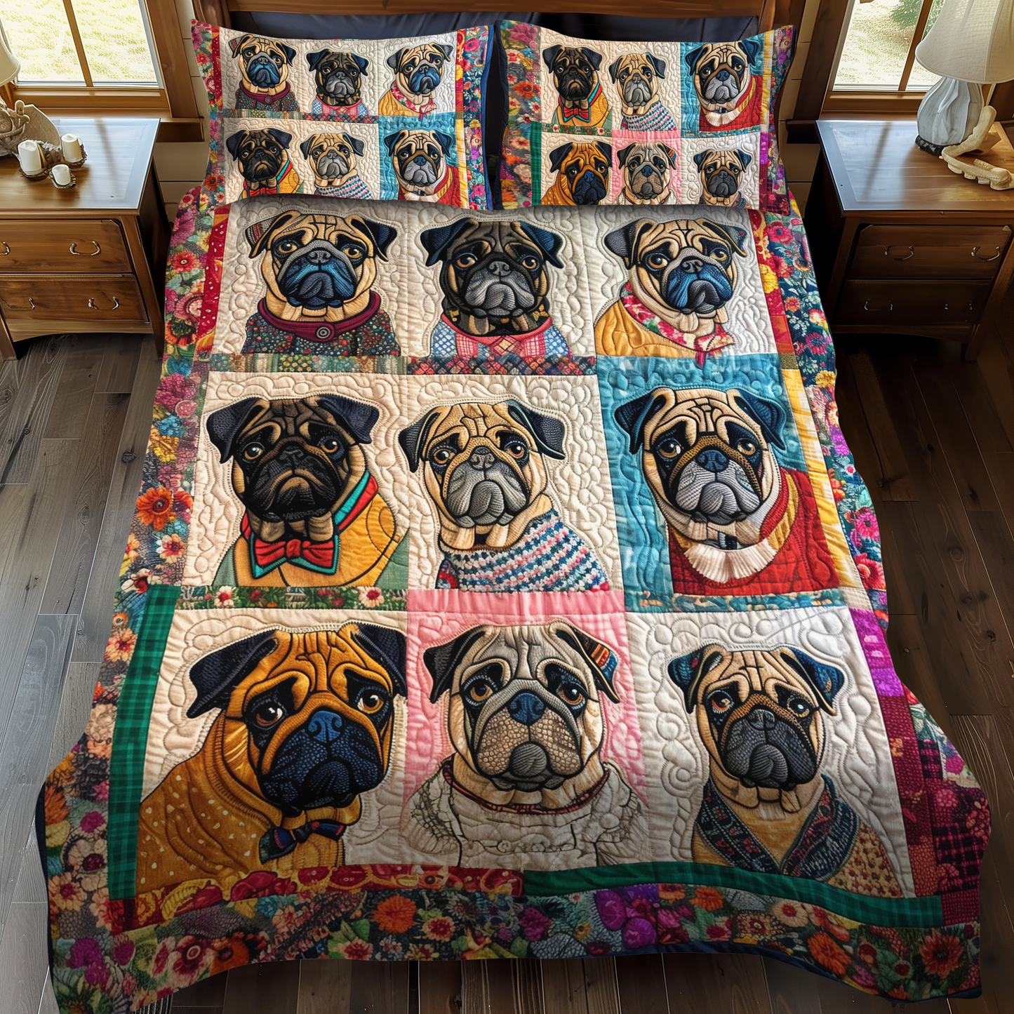 Colorful Pugs 3-Piece Quilted Bedding Set NCU0VL090