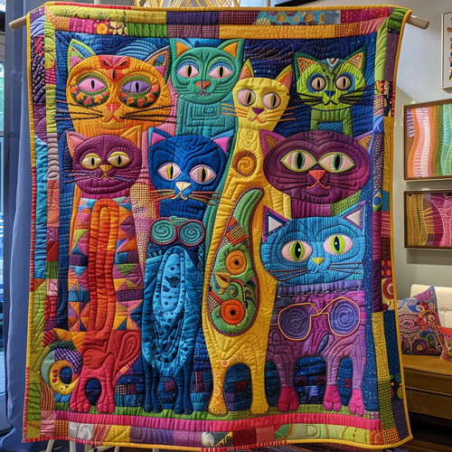 Colorful Cats and Flowers Quilted Blanket NCU0PD245