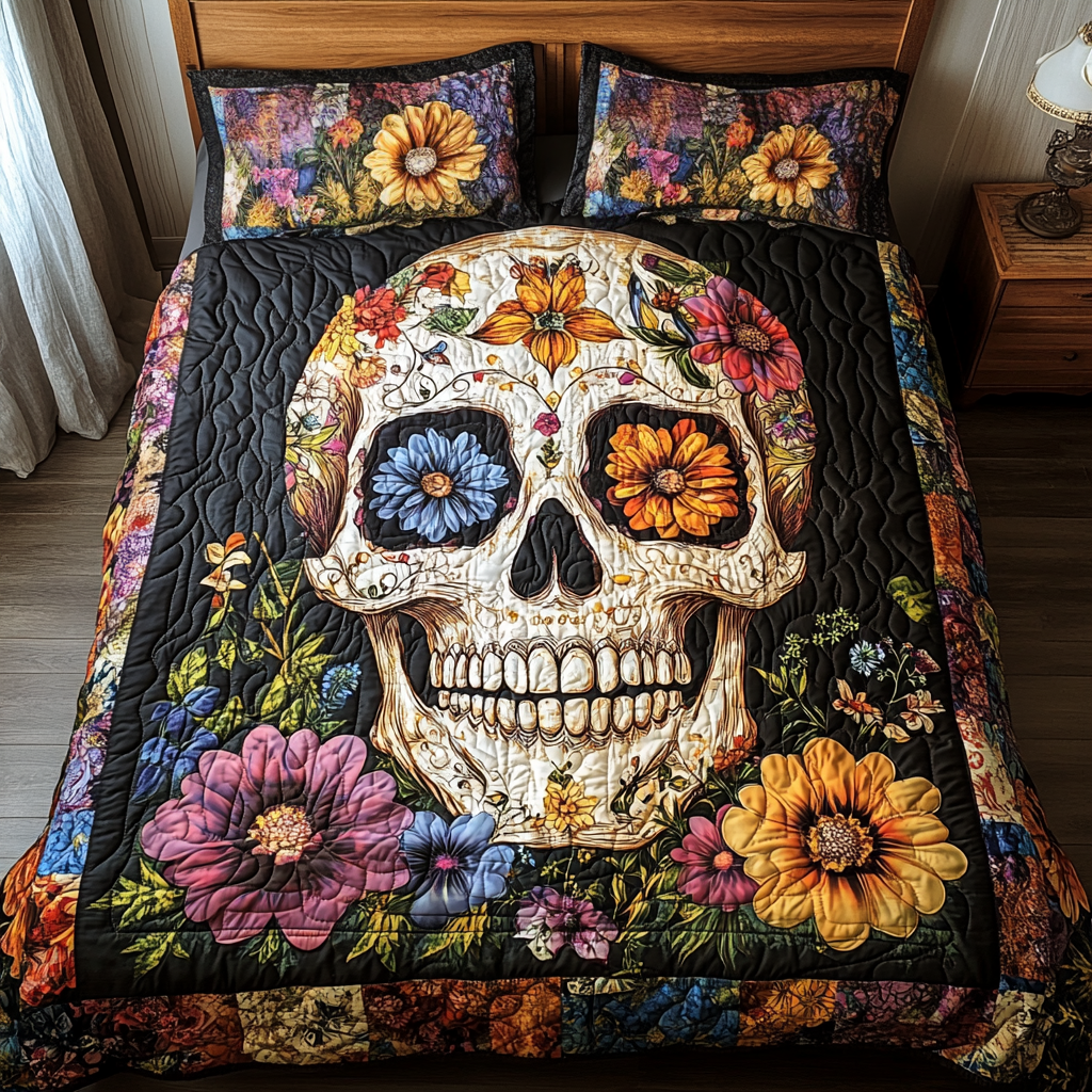 Colorful Skull Accent 3-Piece Quilted Bedding Set NCU0TL1916