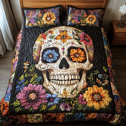 Colorful Skull Accent 3-Piece Quilted Bedding Set NCU0TL1916