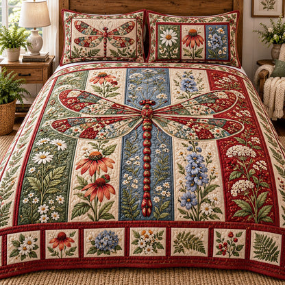 Coneflower Ruby Dragonfly 3-Piece Quilted Bedding Set NCU0NTD2452