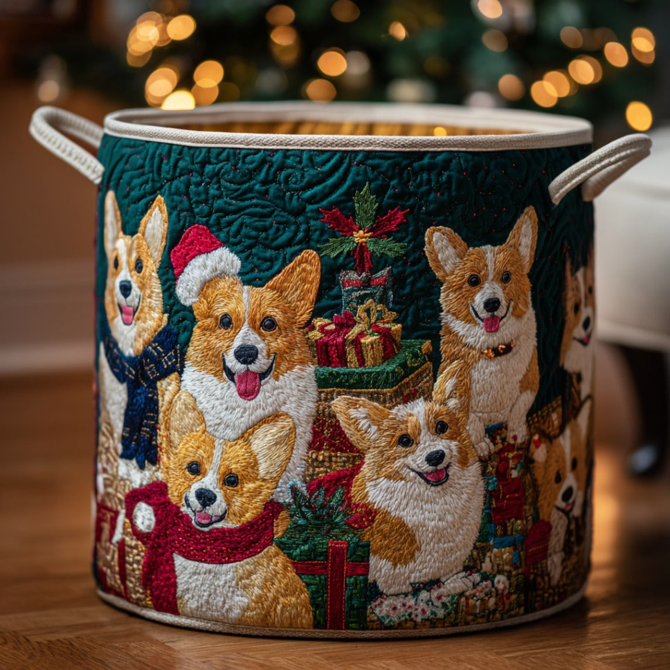 Corgi Cabin Christmas Quilted Laundry Basket NCU0DV1147