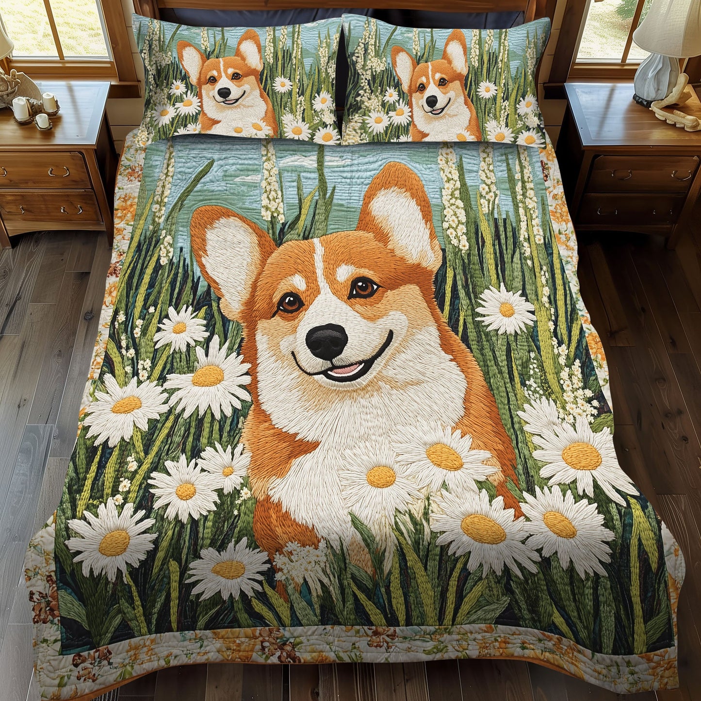 Corgi Floral Wonderland 3-Piece Quilted Bedding Set NCU0DK1608