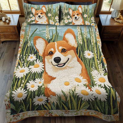 Corgi Floral Wonderland 3-Piece Quilted Bedding Set NCU0DK1608
