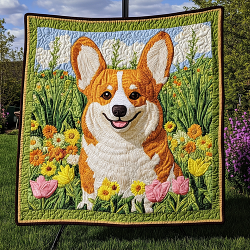 Corgi Flowered Path Quilted Blanket NCU0DK1566