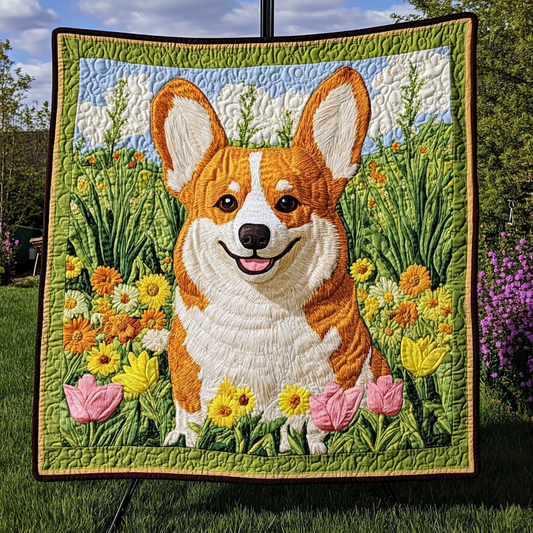 Corgi Flowered Path Quilted Blanket NCU0DK1566