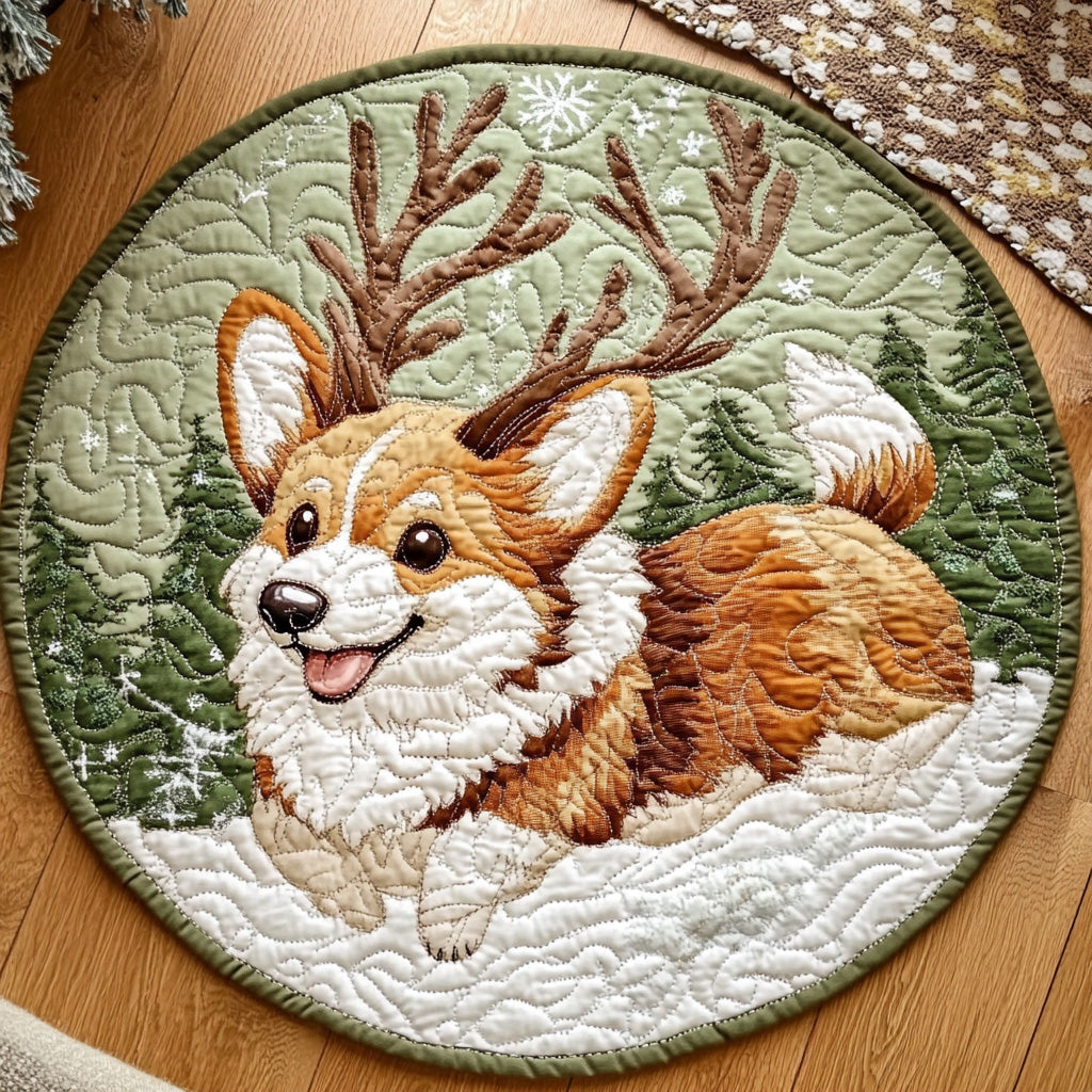 Corgi Reindeer Forest Quilted Round Mat NCU0LDH072