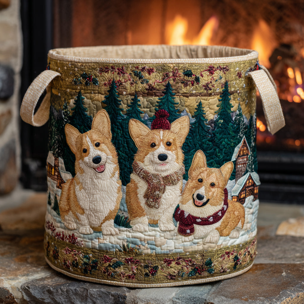 Corgi Sleigh Bells Quilted Laundry Basket NCU0DV1142
