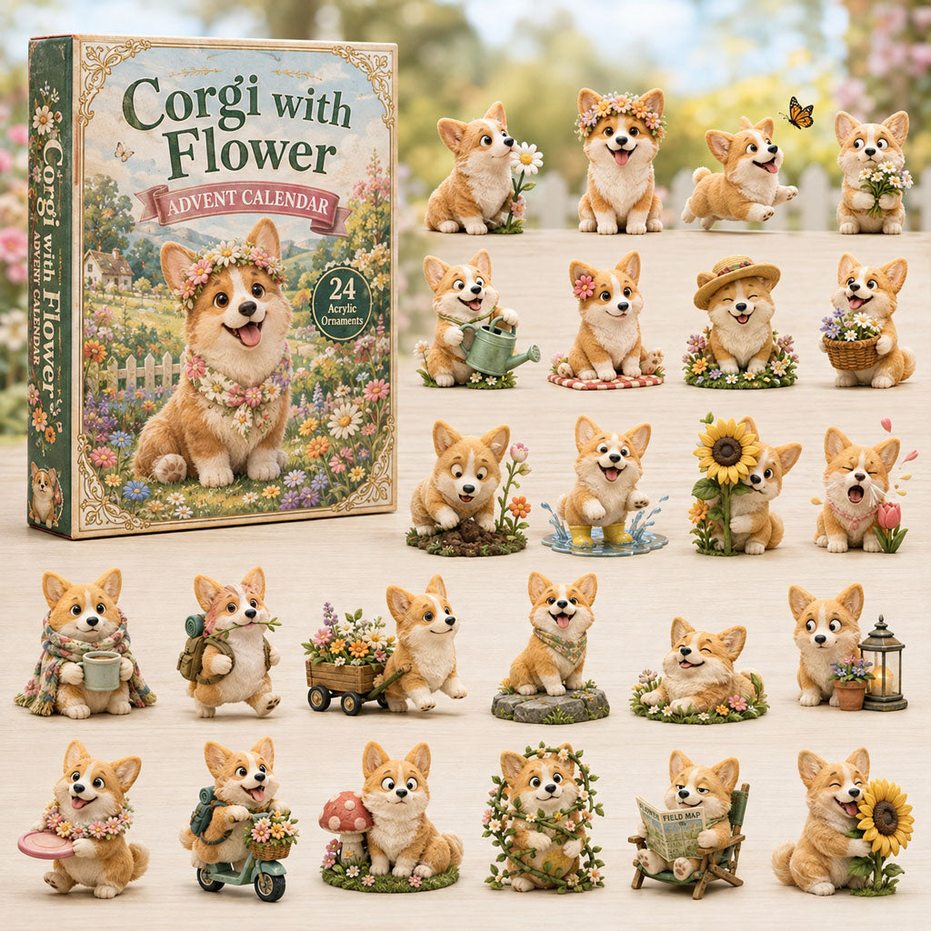 CHRISTMAS KICKOFF 40% OFF - Corgi With Flower Advent Calendar 2026 - 24-Day Festive Countdown, Acrylic Charms Blind Box - Gift For Corgi Lovers AC0TH106