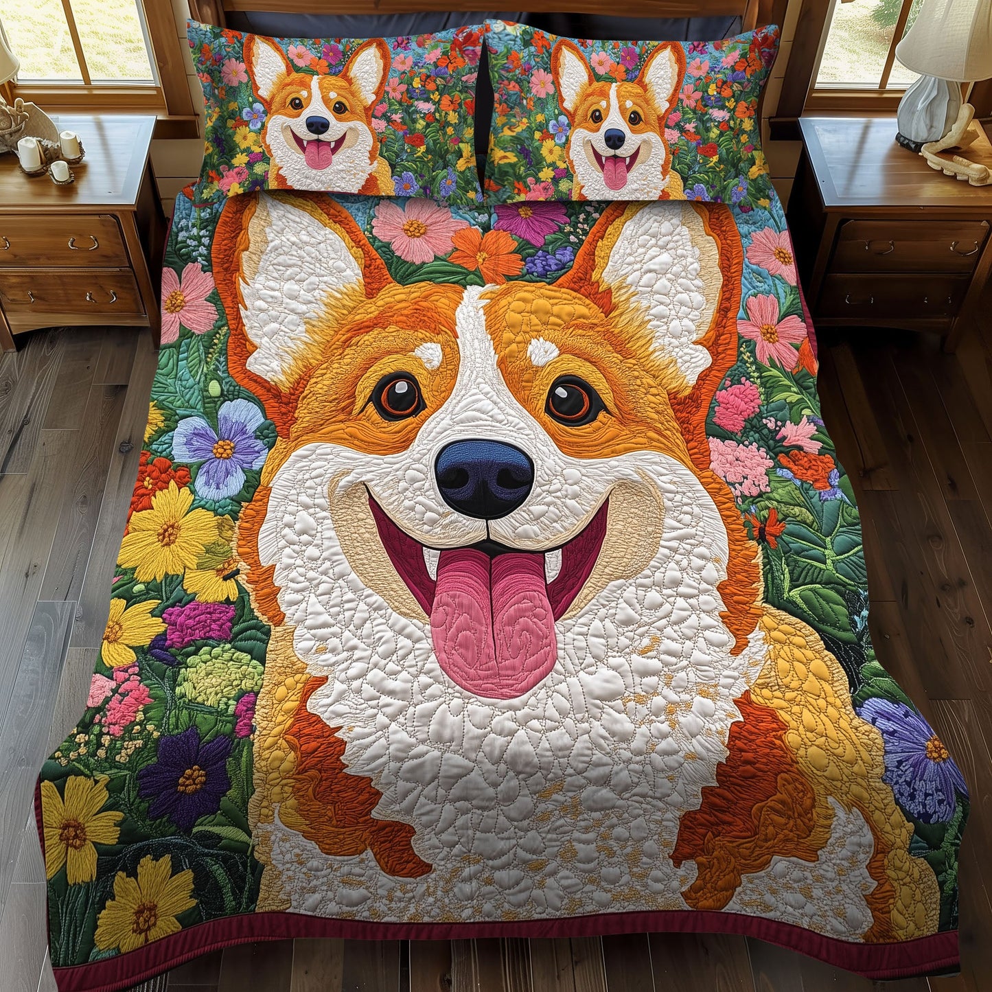 Corgi in Bloom 3-Piece Quilted Bedding Set NCU0DK1607