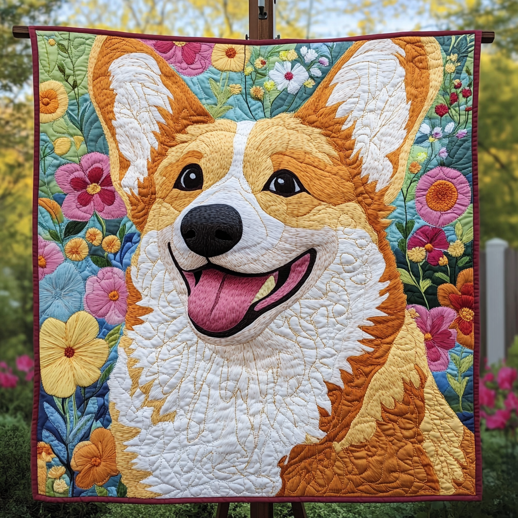 Corgi in the Daisies Quilted Blanket NCU0DK1564