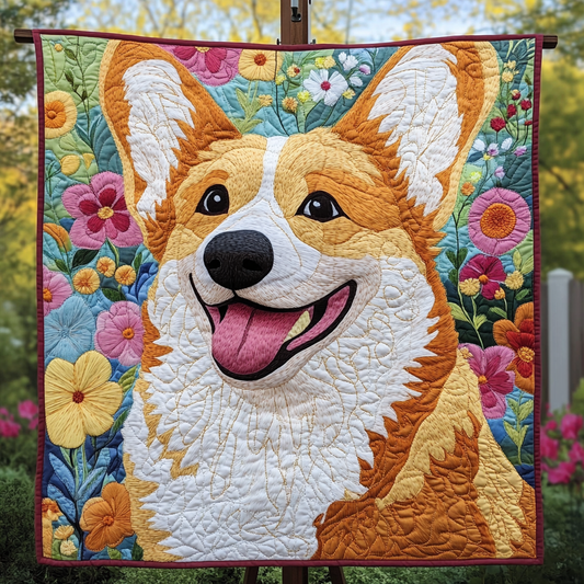 Corgi in the Daisies Quilted Blanket NCU0DK1564
