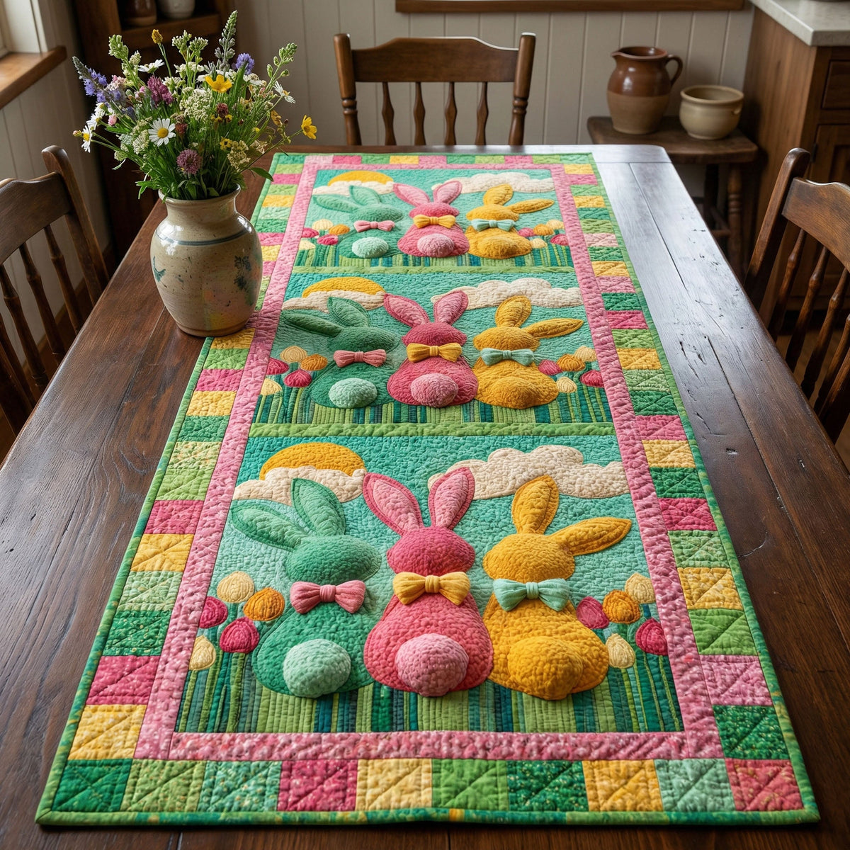 Cottage Bunny Trio Quilted Table Runner NCU0NNT3003