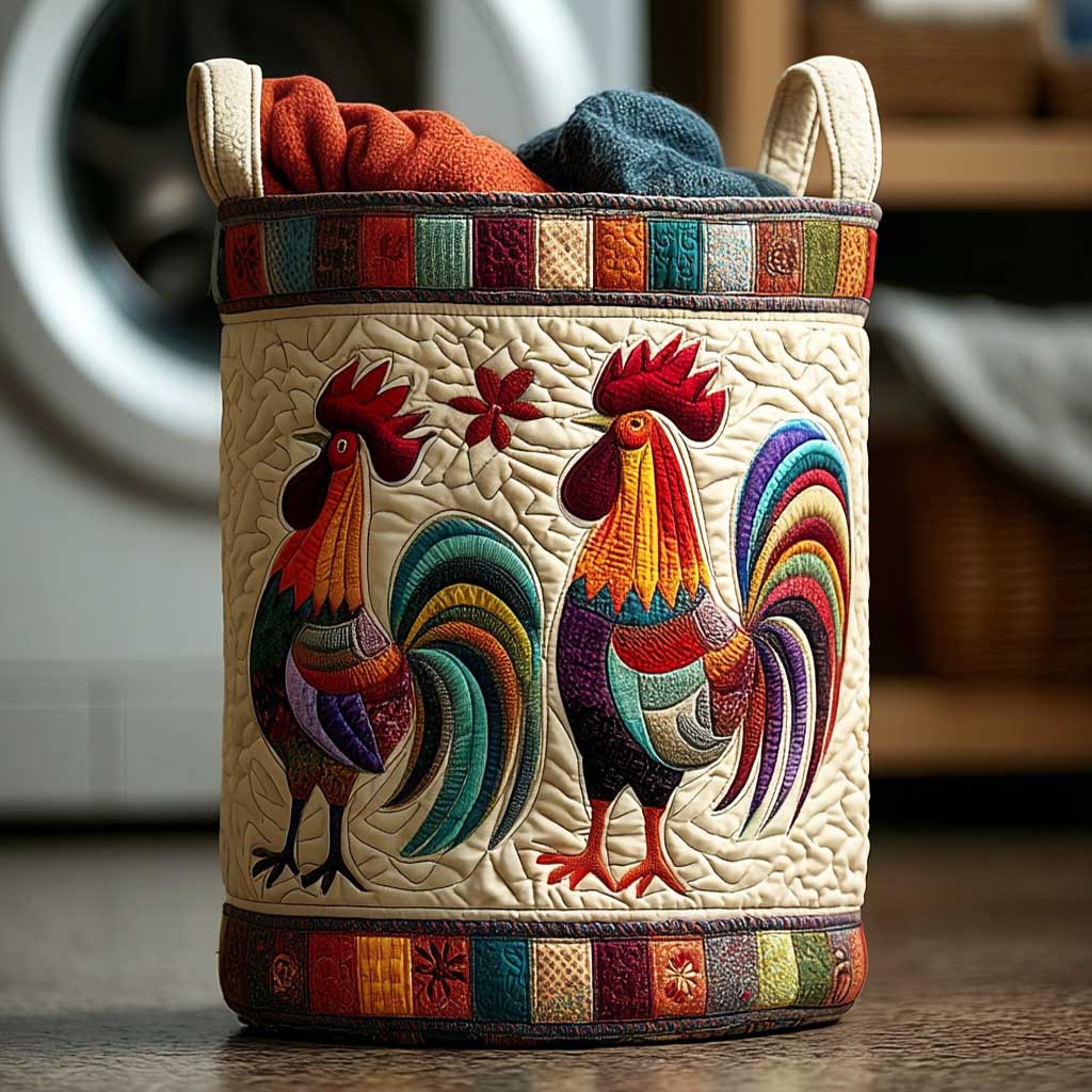 Country Rooster Charm Quilted Laundry Basket NCU0HTT155