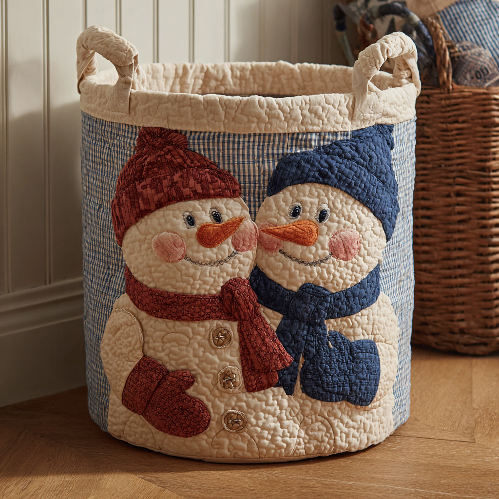 Couple Snowman Gingham Quilted Laundry Basket NCU0HNH655