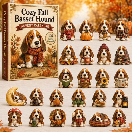 CHRISTMAS KICKOFF 40% OFF - Cozy Fall Basset Hound Advent Calendar 2026 - 24-Day Festive Countdown, Acrylic Charms Blind Box - Gift For Basset Hound Lovers AC0NT012