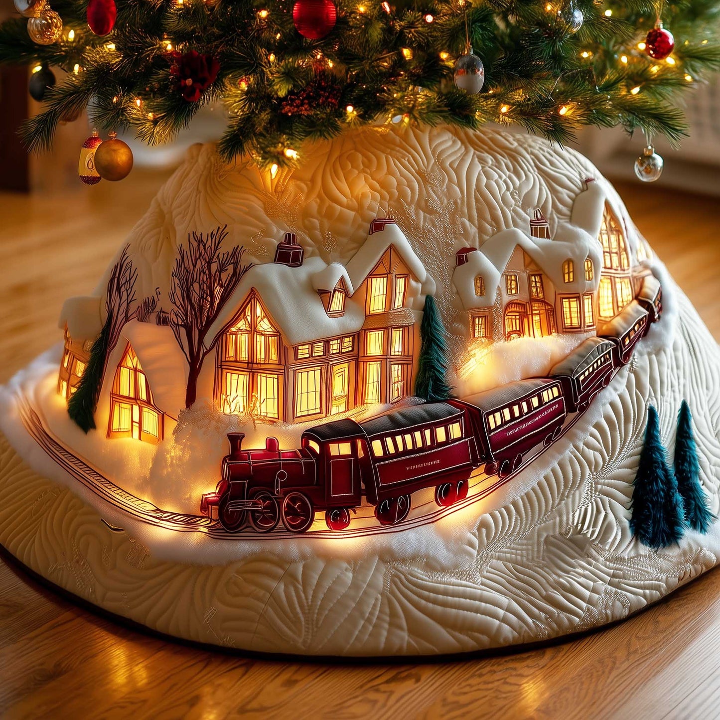 Cozy Village Christmas Train Christmas Quilted Tree Skirt NCU0HTT061