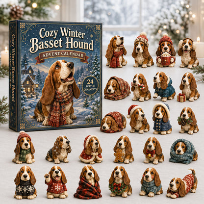 CHRISTMAS KICKOFF 40% OFF - Cozy Winter Basset Advent Calendar 2026 - 24-Day Festive Countdown, Acrylic Charms Blind Box - Gift For Basset Hound Lovers AC0NT233