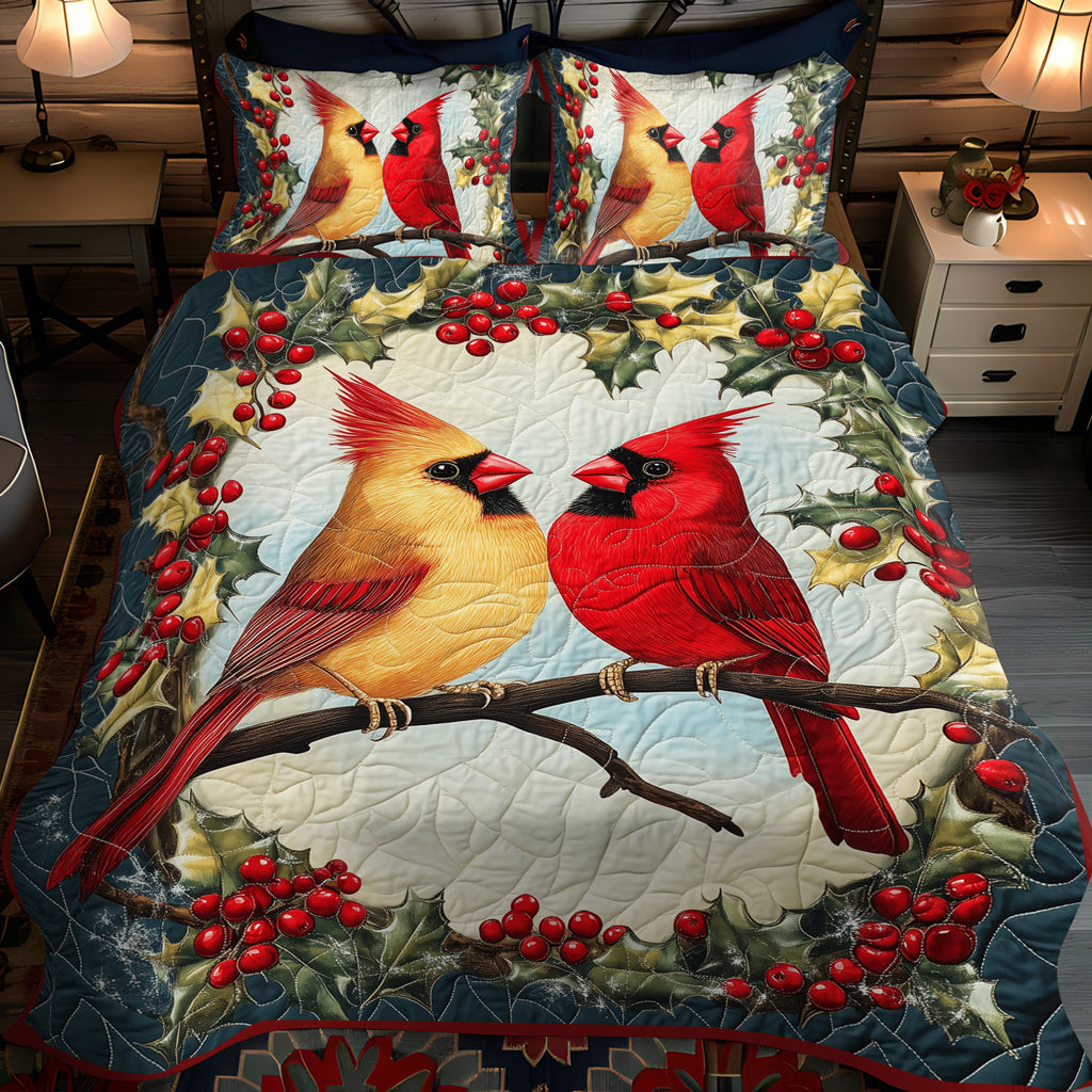 Cozy Winter Cardinals 3-Piece Quilted Bedding Set NCU0TL1498
