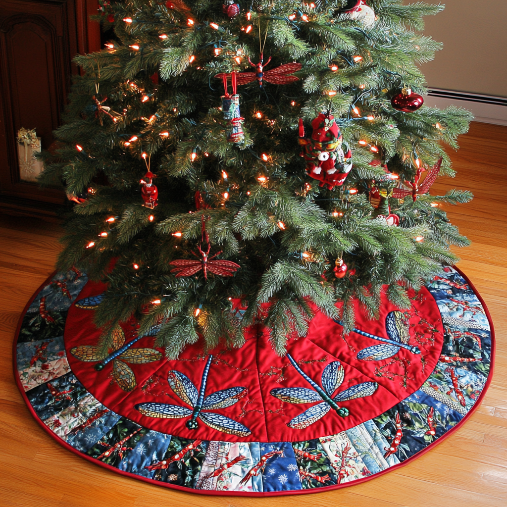 Crimson Dragonfly Christmas Quilted Tree Skirt NCU0DDK1572