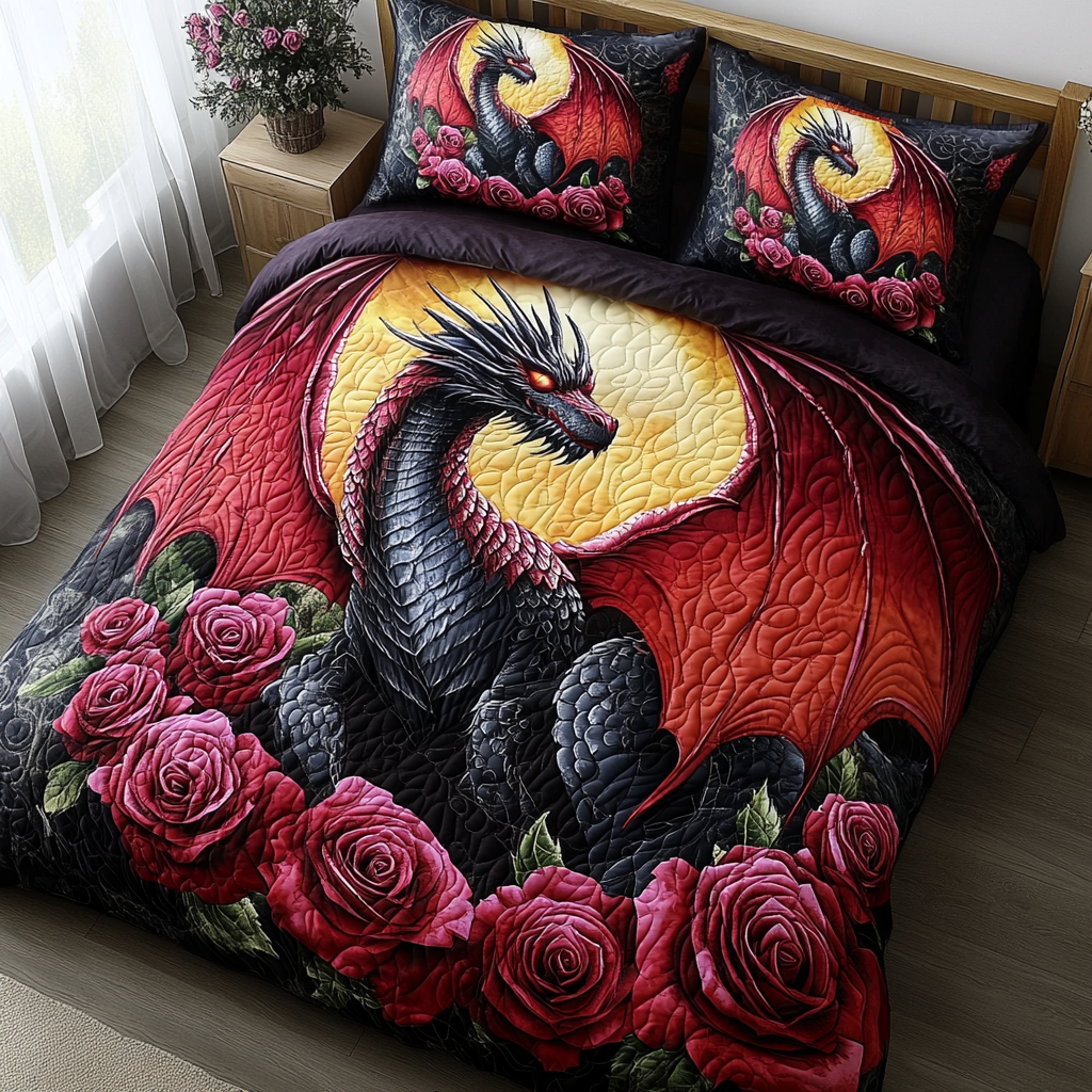Crimson Flame Dragon 3-Piece Quilted Bedding Set NCU0PVL328
