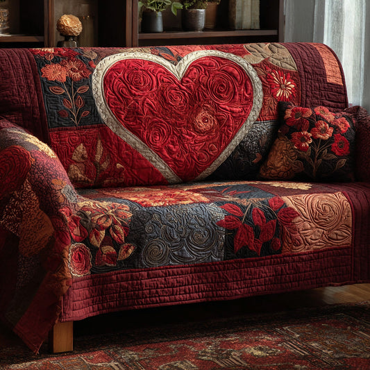 Crimson Rose Heart Quilted Sofa Cover NCU0LDH115