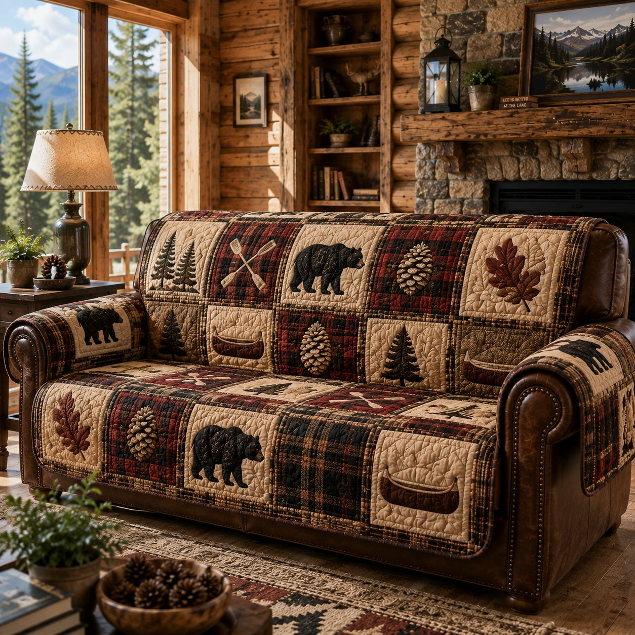 Crimson Timber Bear Quilted Sofa Cover NCU0PVL1055