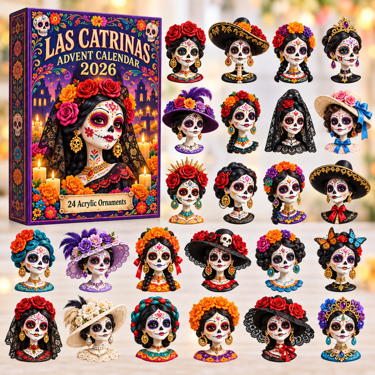DAY OF THE DEAD KICKOFF 40% OFF - Las Catrinas Advent Calendar 2026 - 24-Day Festive Countdown, Acrylic Charms Blind Box - Gift For Family & Friends AC0HT590