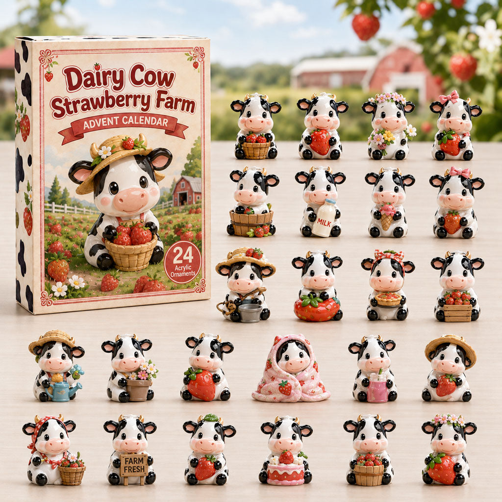 CHRISTMAS KICKOFF 40% OFF - Dairy Cow Strawberry Farm Advent Calendar 2026 - 24-Day Festive Countdown, Acrylic Charms Blind Box - Gift For Cow Lovers AC0HA165