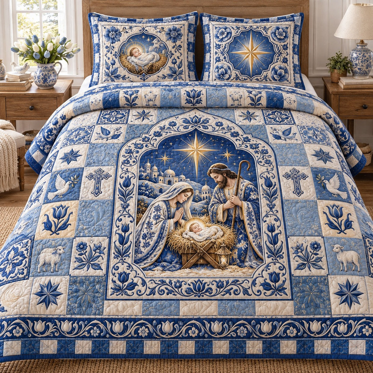 Delft Blue Nativity Arch Quilted Bedding Set V2 NCU0NTD2377