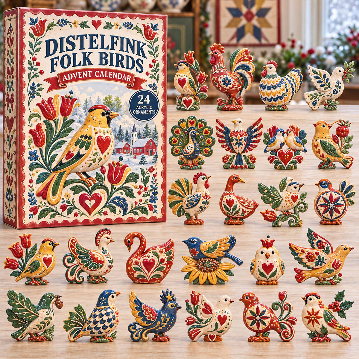 CHRISTMAS KICKOFF 40% OFF - Distelfink Folk Birds Advent Calendar 2026 - 24-Day Festive Countdown, Acrylic Charms Blind Box - Gift For Family and Friends AC0TD065