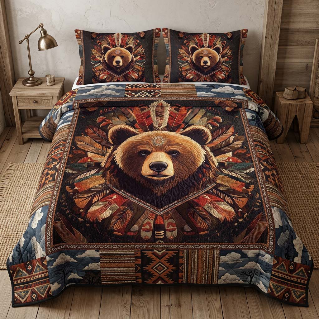 Earthfire Bear Headdress 3-Piece Quilted Bedding Set NCU0DQQ0713