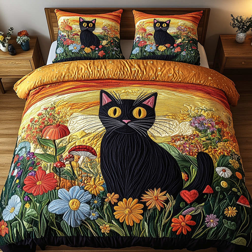 Enchanted Floral Cat 3-Piece Quilted Bedding Set NCU0PVL053