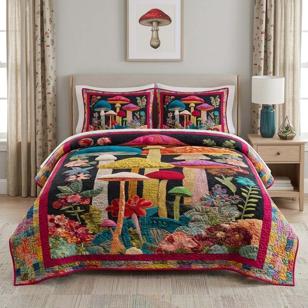 Enchanted Mushroom Forest 3-Piece Quilted Bedding Set NCU0DQQ0691
