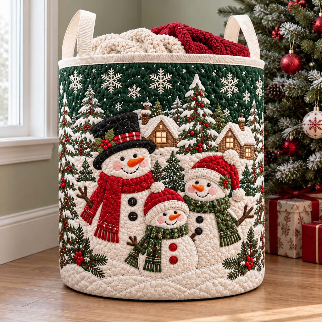 Evergreen Snowman Family Quilted Laundry Basket NCU0HNH1358