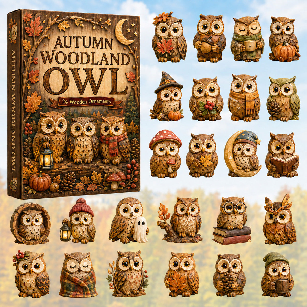 FALL SEASON KICKOFF 40% OFF - Autumn Woodland Owl Advent Calendar 2026 - 24-Day Festive Countdown, Wooden Charms Blind Box - Gift For Owl Lovers AC0HT386