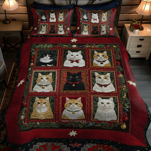 Feline Holiday Spirit 3-Piece Quilted Bedding Set NCU0TL1767