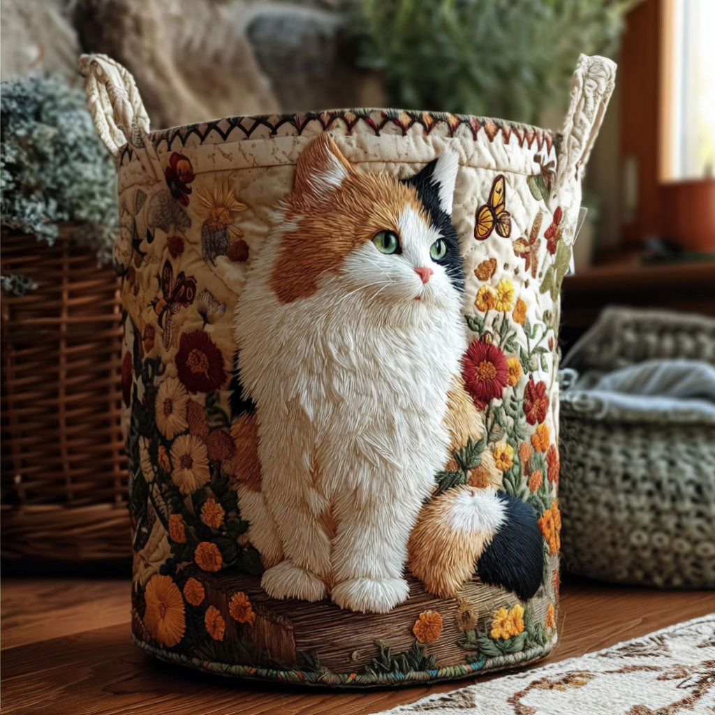 Feline in Flowers Quilted Laundry Basket NCU0PTT1936