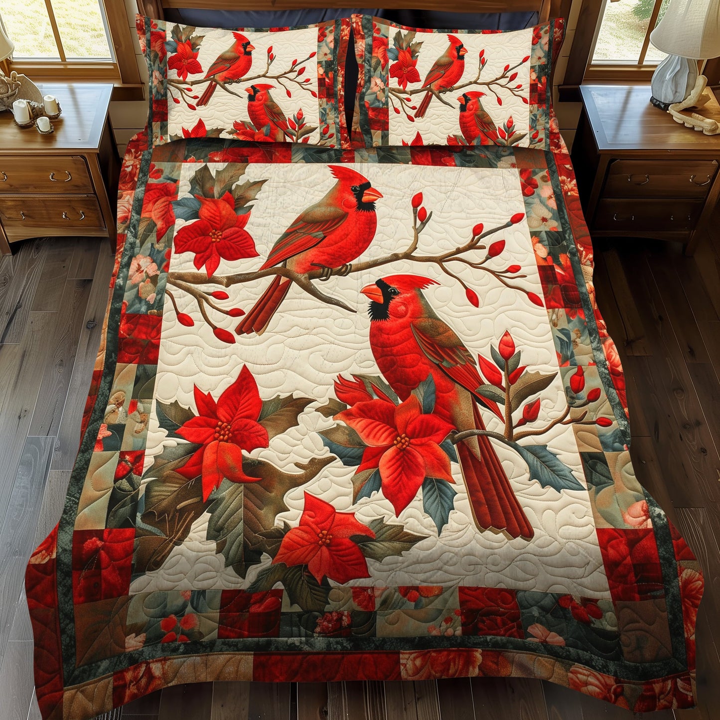 Festive Cardinal 3-Piece Quilted Bedding Set NCU0TH921