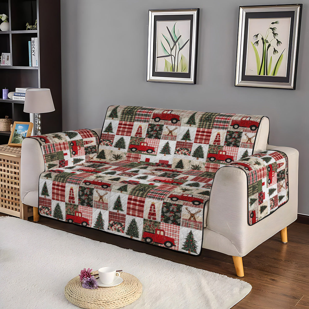 Festive Evergreen Quilted Sofa Cover NCU0PT954