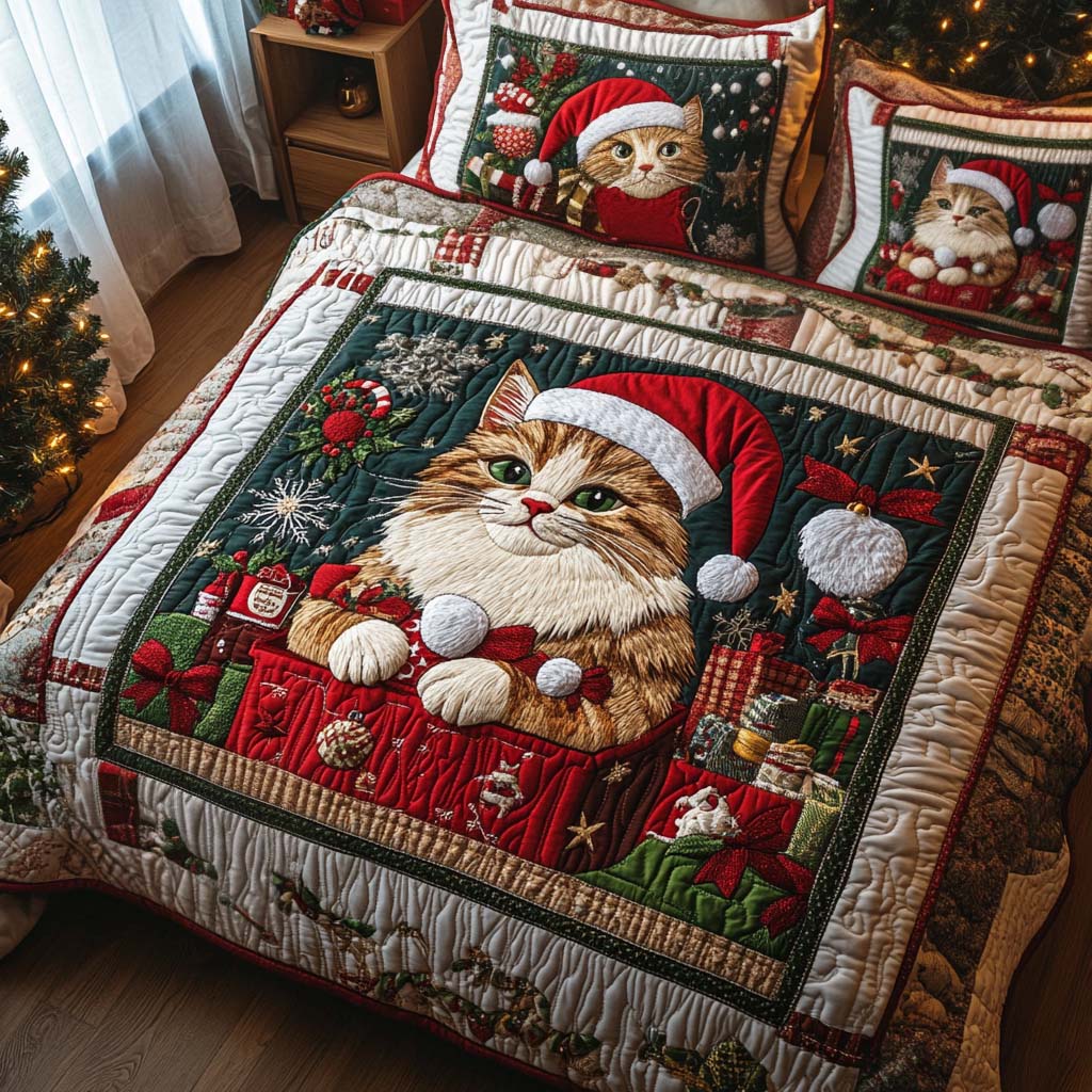 Festive Santa Cat 3-Piece Quilted Bedding Set NCU0NNT152