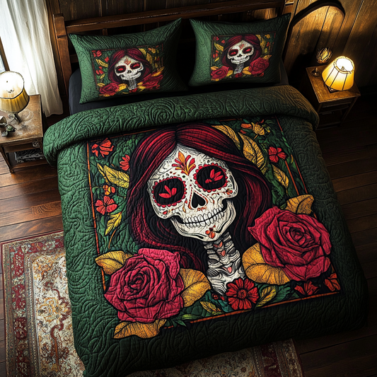 Festive Skull Flowers 3-Piece Quilted Bedding Set NCU0TL1931