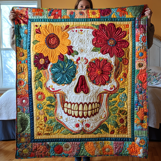 Festive Skull Flowers Quilted Blanket NCU0TL1942