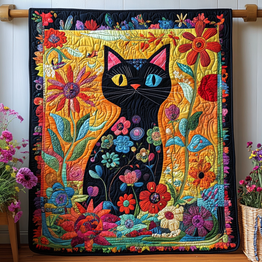 Floral Colorful Cats Quilted Blanket NCU0PD488