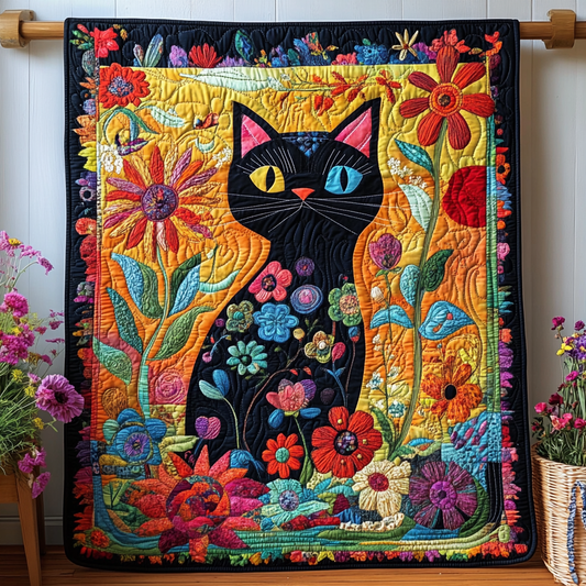 Floral Colorful Cats Quilted Blanket NCU0PD488